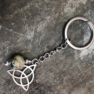 Connemara Marble bead stone on stainless steel key ring fob with Celtic knot - comes flat with gift pack for gift giving
