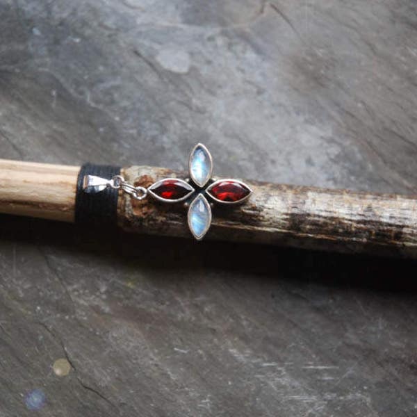 Oak wand - Native Irish wood with heavy Sterling silver moonstone and garnet charm  - connected to the famous Brian Boru , Ireland