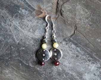 Garnet and Connemara Marble earrings with silver disc detail , Sterling silver wires, Gift boxed.  Irish Connemara marble