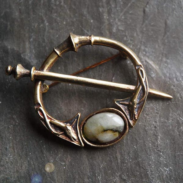 Vintage Brass Celtic Dog Brooch with unique Irish Connemara Marble -  10 x 14 mm cabochon - Gift boxed and posted from Ireland