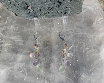 Rose Quartz, Amethyst, Phrenite and Citrine Briolette Facet Cut Earrings