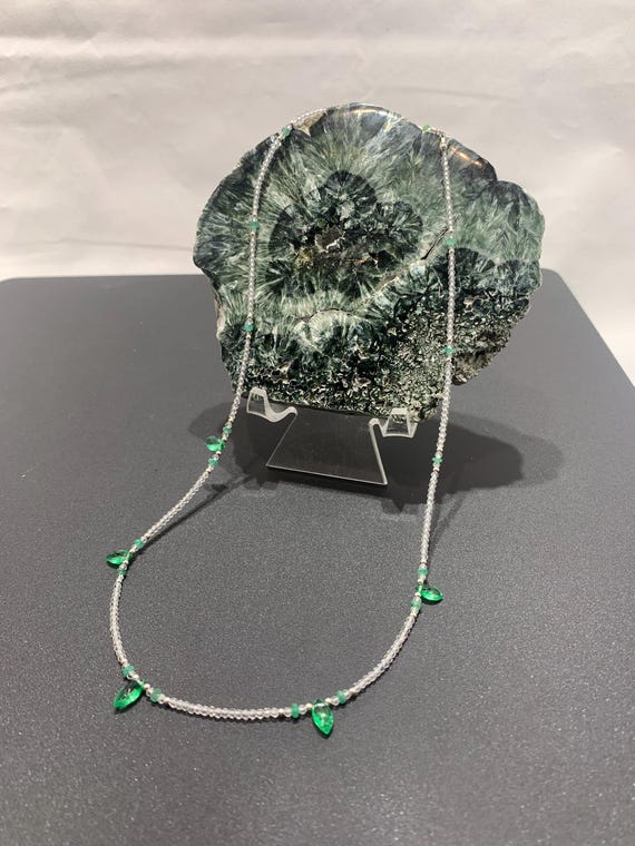 White Topaz and Emerald Facet cut Rondelles and Heat Treated (green) Topaz Briolette Facet cut Necklace