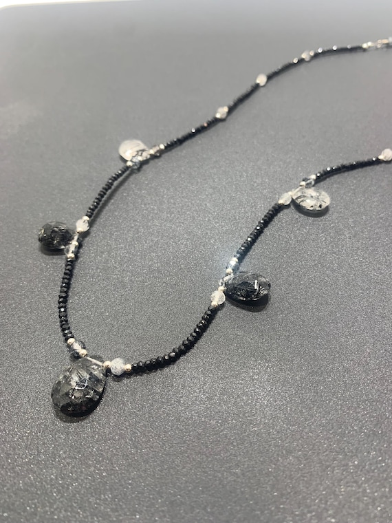 Black Spinel, Tourmaline Quartz Facet cut Rondelles and Tourmaline Quartz Briolette Facet cut Necklace