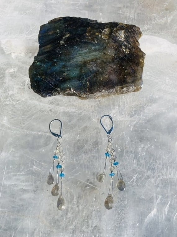 Labradorite Facet Cut Briolette with Blue Apatite Rondelles Earrings