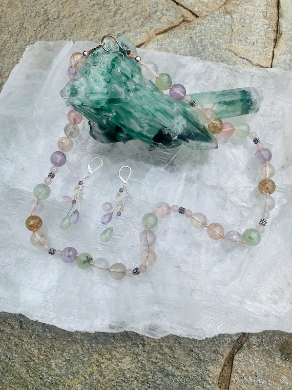 Mix Rose Quartz, Citrine, Amethyst, Phrenite strand, facet cut rounds
