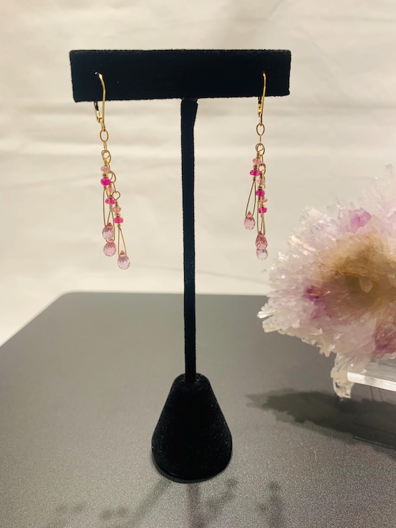 Pink Tourmaline Facet cut Teardrop shape Briolette and Ruby Rondelle Dangle Earrings