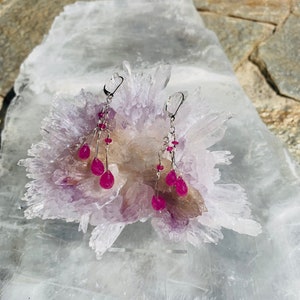 Natural Ruby Facet Cut Teardrop Shape Briolette with White Topaz Dangle Earrings