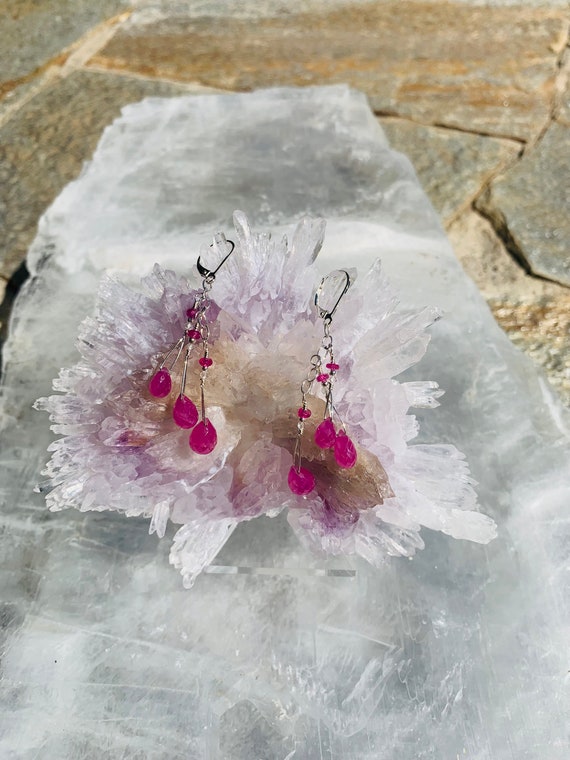 Natural Ruby Facet Cut Teardrop Shape Briolette with White Topaz Dangle Earrings