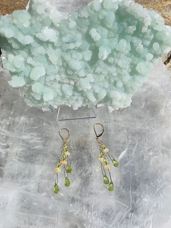 Peridot Facet Cut Teardrop Shape Briolette Dangle Earrings with Facet Cut Fire Opals