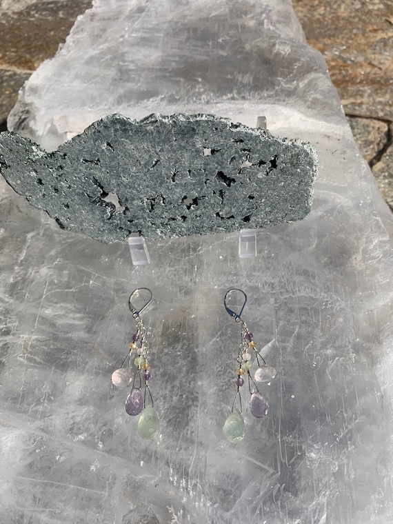 Rose Quartz, Amethyst, Phrenite and Citrine Briolette Facet Cut Earrings