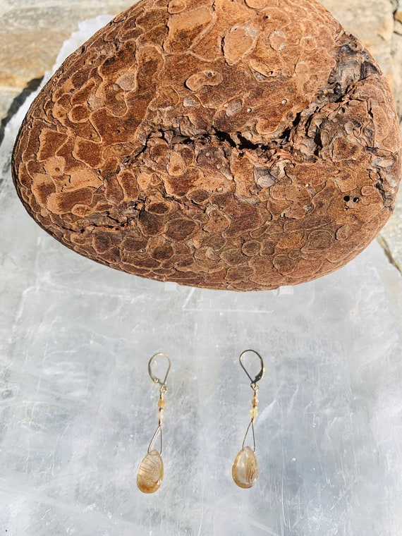 Gold Rutile Quartz Facet Cut Briolette with Rutile Quarts and Citrine Rondelle Drop Earrings