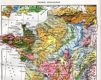 1923, carta geologica della Francia, tavola geografica Larousse, decorazione murale carta geologica della Francia