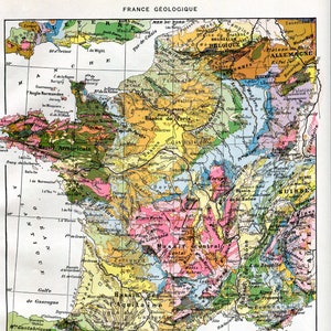 1923, geological map of France, Larousse geographical board, wall decoration geological map of France