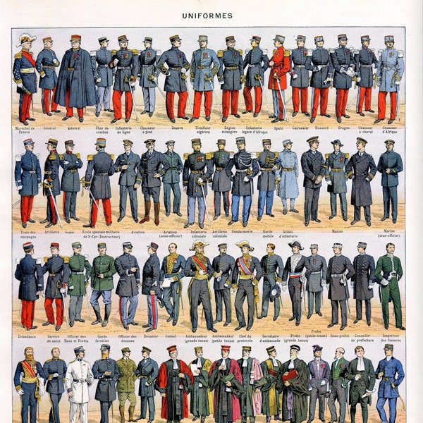 1923, Engraving of military and civilian uniforms, Authentic Larousse plate, wall decoration of costumes and uniforms