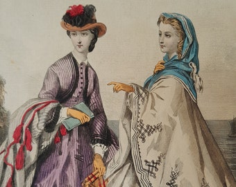 1869, moda antigua, grabado de moda de la época victoriana, modelo de vestido antiguo, decoración de pared con grabado de moda del siglo XIX.