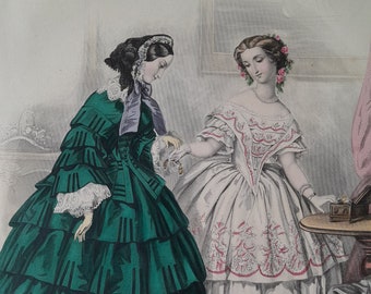 1855, Old engraving of Victorian era fashion, the journal of young people, elegant toilets, 19th century Paris fashion.