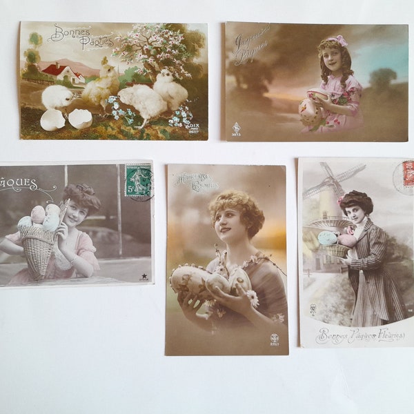 Joyeuses Pâques, lot de 5 Cartes postales  ,carte postale  française  Fêtes de Pâques,  décoration murale cartes postales anciennes 1900