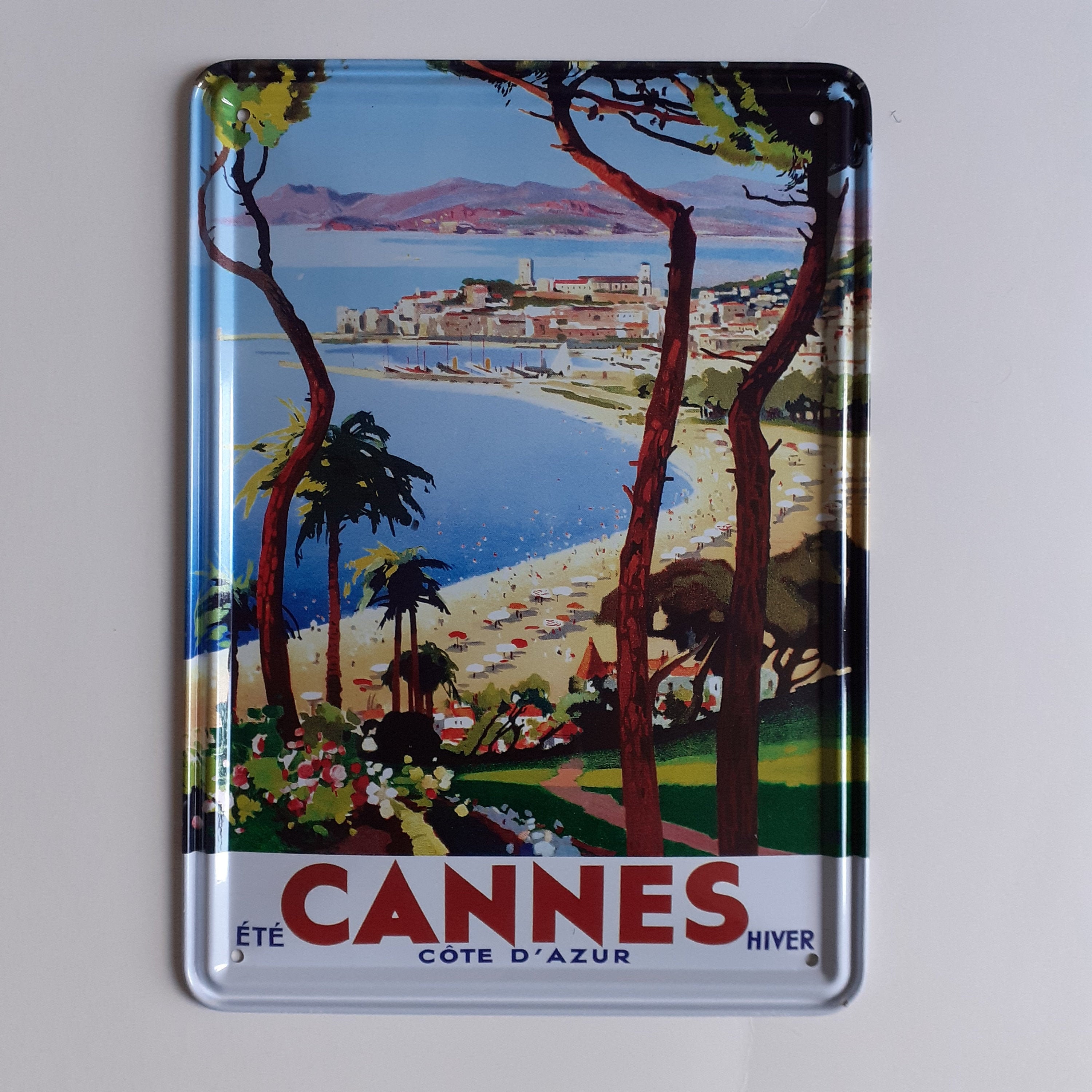 Côte d' Azur, Cannes, Sud de La France, Plaque Métal Décorative Vintage, Ancienne Affiche Vacances S
