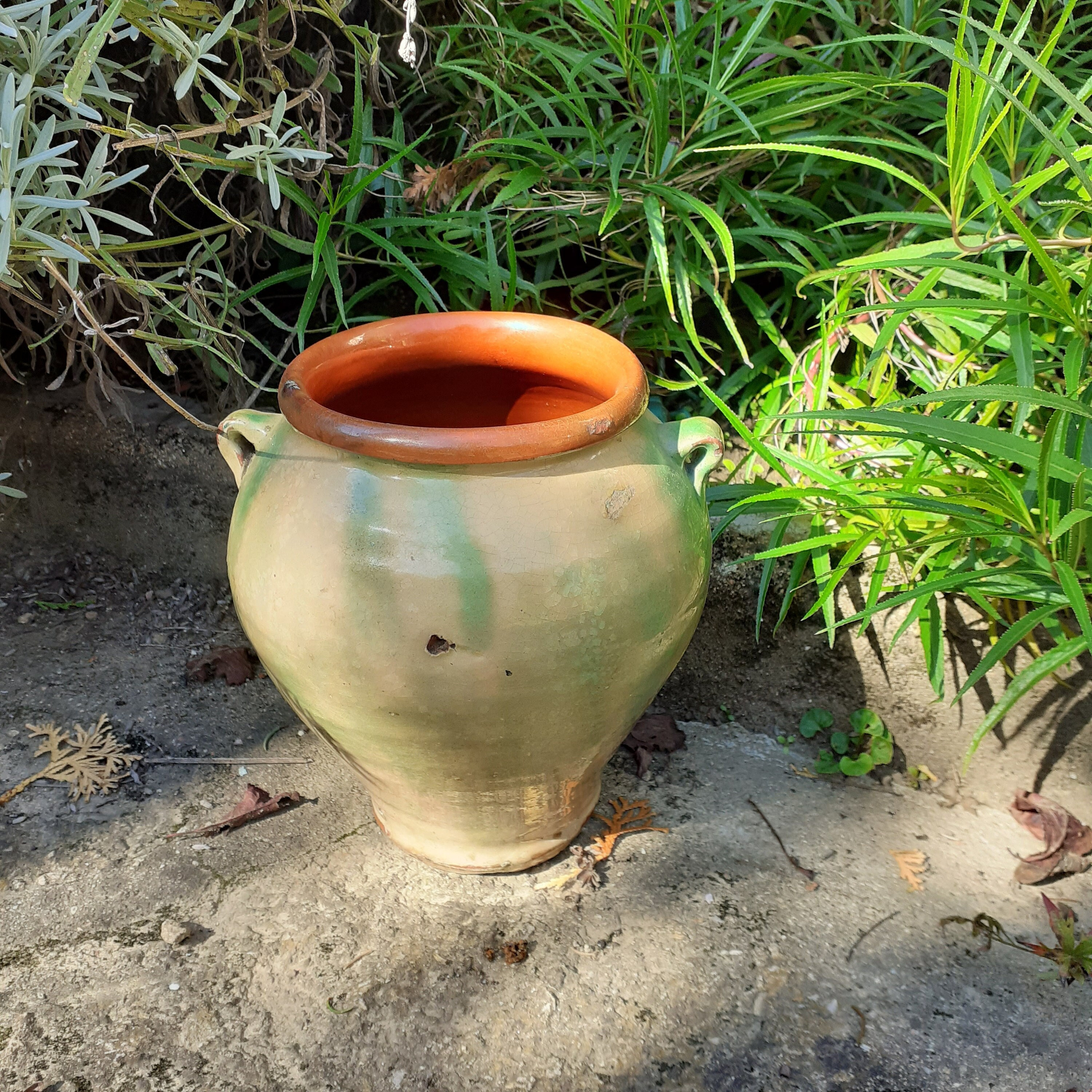 Vase Ancien en Terracotta Glacée Jaune et Verte , Céramique Sud de La France, Vase Provençal Xix Ème