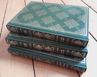 lot of 3 old books in French, books bound in green and silver leather, classic French authors, beautiful books library decoration
