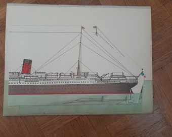 The “France” Liner, system board taken from the practical encyclopedia of 1919, collection of old boats, curious object gift.