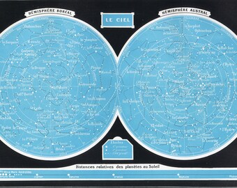 1929, Gravure Carte du ciel,  étoiles, planètes,  carte géographique,  planche  Larousse  , atlas, géographie, décoration murale chambre