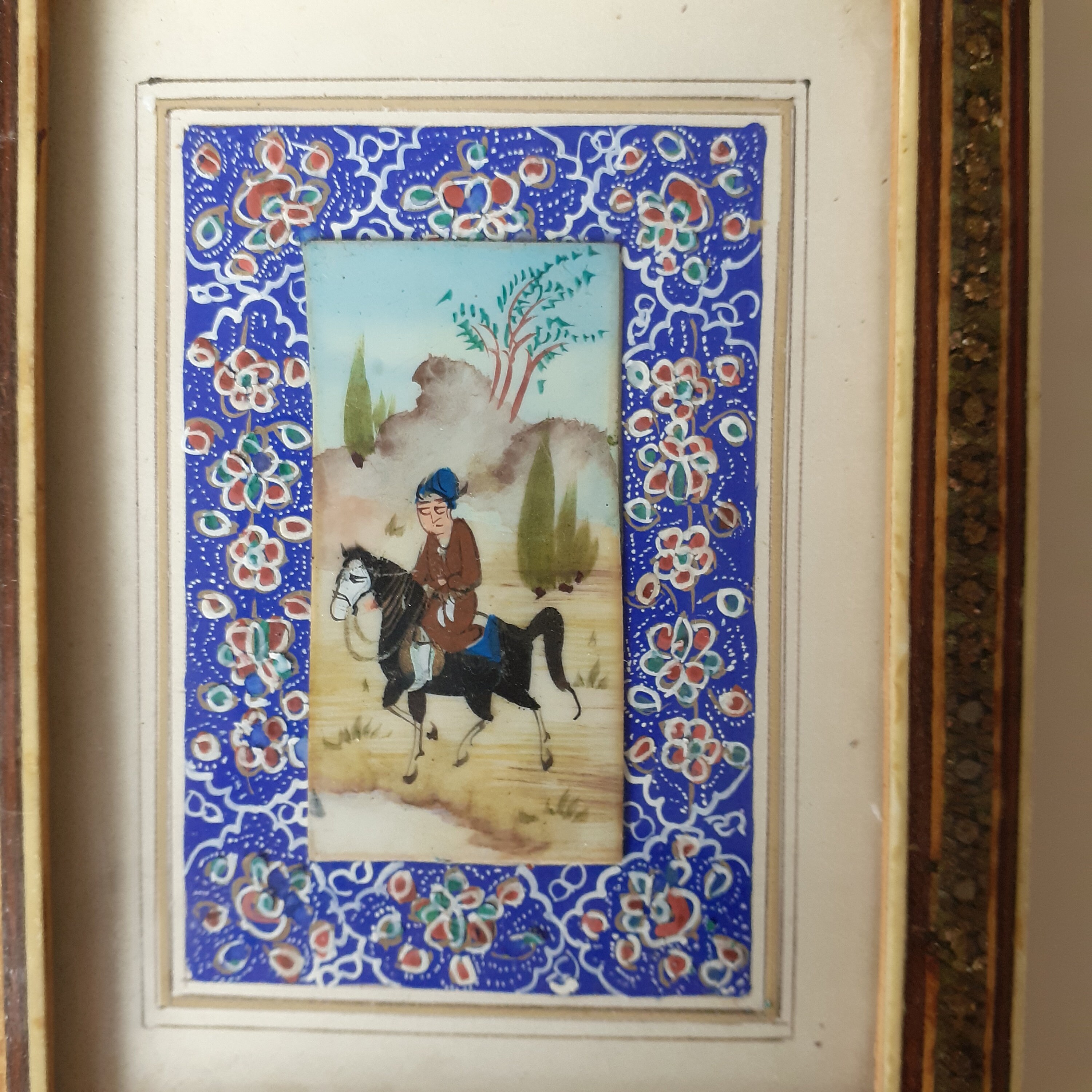 Tableau, Miniature Persane Peinte sur Os, Cadre en Bois avec Marqueterie , Tradition Perse, Décorati