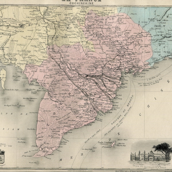 1880, carte géographique ancienne de la Cochinchine, ancienne colonie française,  décoration murale  Viêt Nam ancien à encadrer