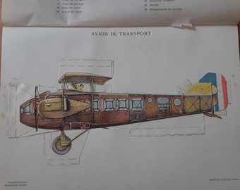 1930, Avion Breguet type Léviathan  , planche à système tirée de l'  encyclopédie pratique Quillet  éditeur. collection d' avion ancien