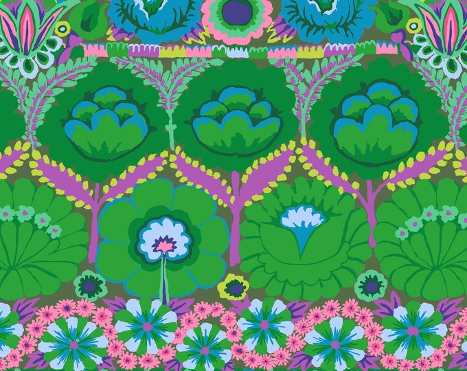 OOP FABRIC:  Embroidered Flower Border GREEN by Kaffe Fasset for the Kaffe Fassett Collective