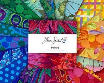 May include: A collection of 18 fabric squares in a variety of bright colors and patterns, including floral, geometric, and abstract designs. The fabric squares are arranged in a fan shape and labeled "Free Spirit" in the center.