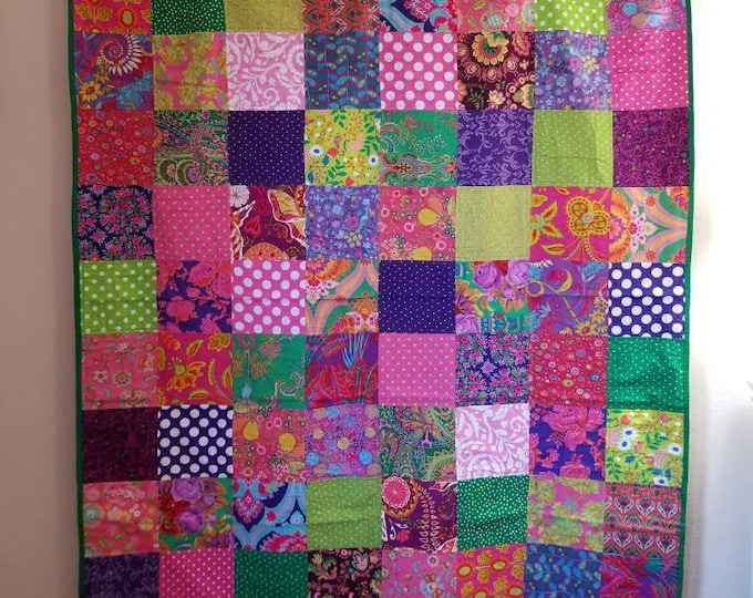 LIGHT WEIGHT QUILT:  "Eva" Throw Quilt in Emerald, Violet and Pink