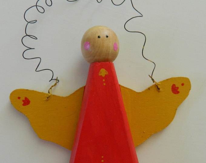 ORNAMENT:  Folk Art Hand Painted Wooden Angel Ornaments in Red, Yellow, Blue, Green, Purple or White