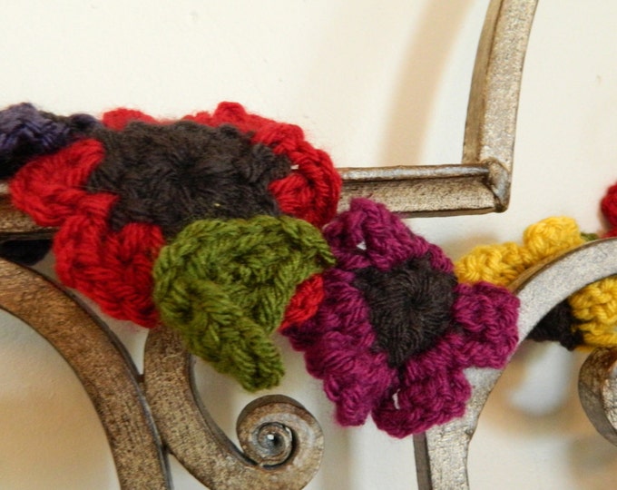 Flower Power Anemone Scarf : acrylic crochet scarf of anemones in red, purple, plum and yellow with leaves
