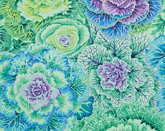 May include: A vibrant floral pattern featuring green, blue, and purple cabbage flowers. The cabbage flowers are arranged in a bouquet-like design, creating a visually appealing and intricate pattern.