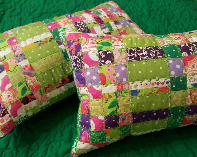 PILLOW SET:  "Eva" 2 Modern Heirloom Pillows in Emerald, Violet and Pink Hand Woven Fabrics and Selvedge with Machine Embroidery