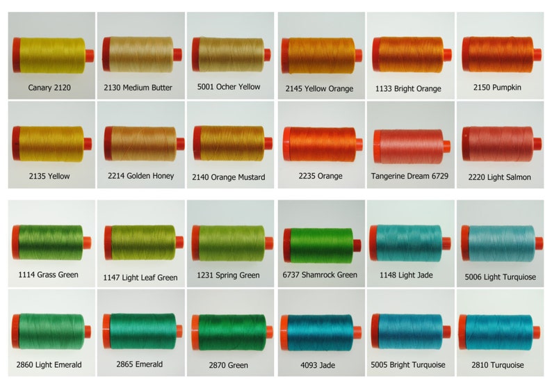 May include: A collection of 24 spools of thread in various shades of yellow, orange, green, and blue. Each spool is labeled with a color name and a number.