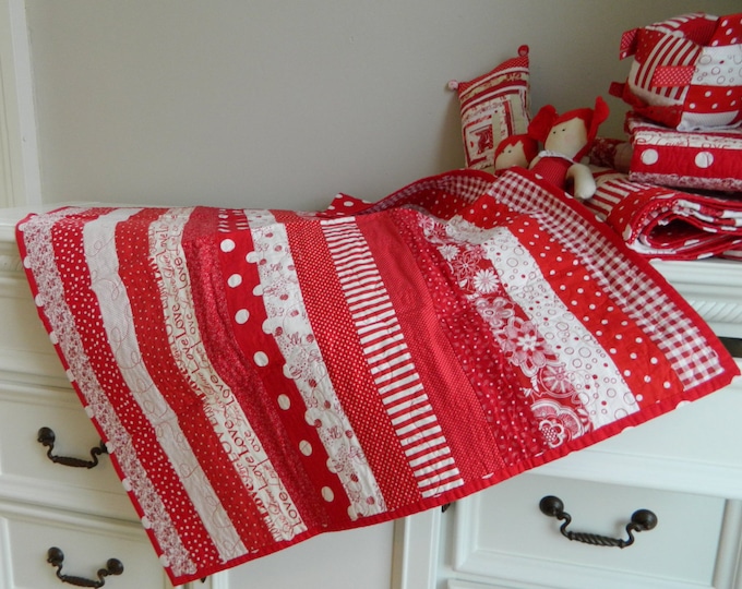 BABY QUILT:  "Rows of Red" Baby in Red Striped Baby Quilt