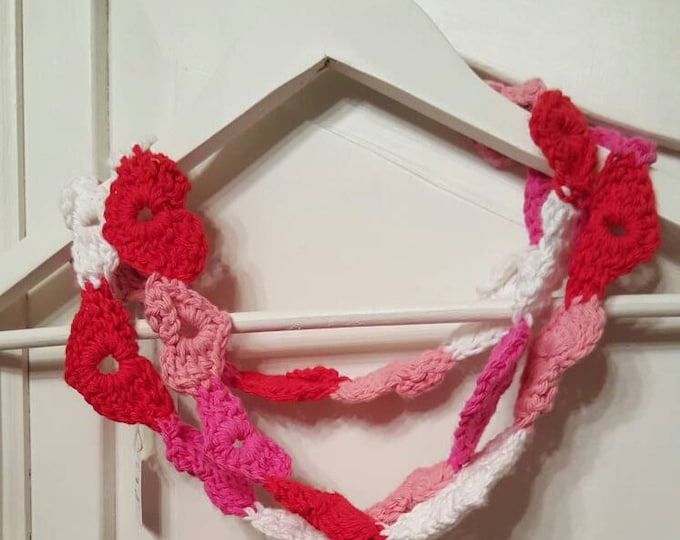 SCARF:  Heart on a String Crochet Scarf in Pink, Red, and White