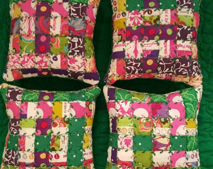 PILLOW SET:  "Eva" Four Tiny Square Pillows in Emerald, Violet and Pink Hand Woven Fabrics and Selvedge with Machine Embroidery