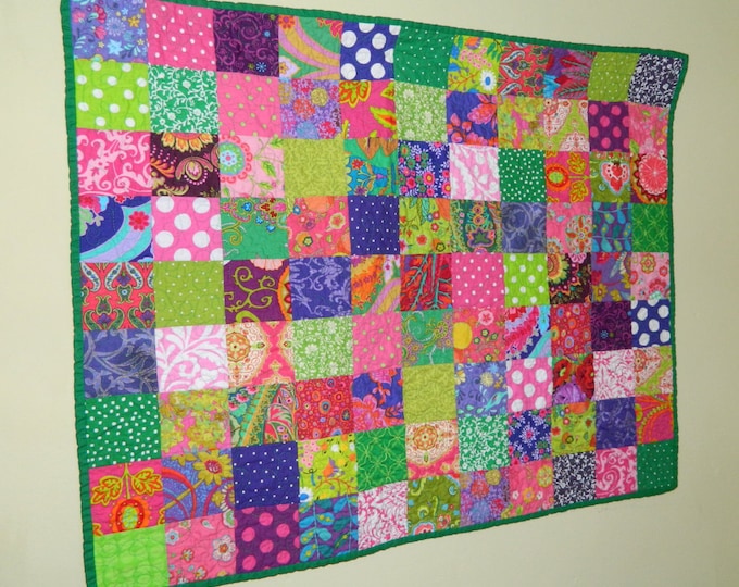 QUILT:  "Eva Morgan" Wall Quilt or Baby Quilt in Emerald, Violet and Pink