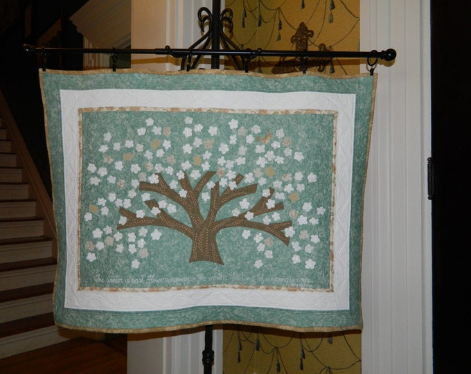 ART QUILT:  "The Time of Singing"  Flowering Tree Art Quilt with bird in Aqua, White and Tan