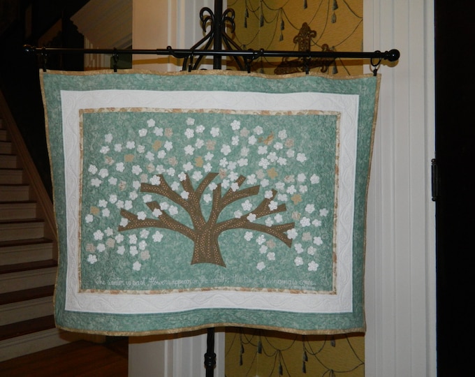 ART QUILT:  "The Time of Singing"  Flowering Tree Art Quilt with bird in Aqua, White and Tan