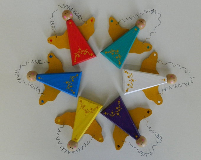 ORNAMENT:  Folk Art Hand Painted Wooden Angel Ornaments in Red, Yellow, Blue, Green, Purple or White