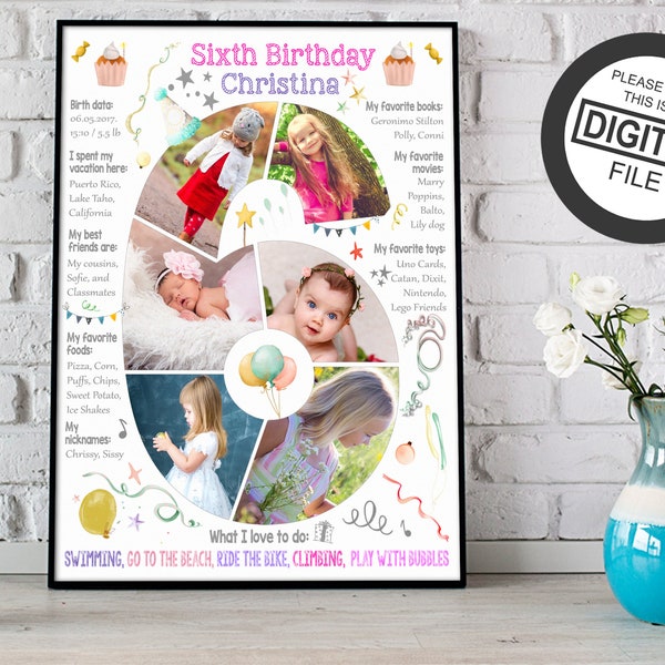 Custom Girl Sixth Birthday Number Photo Collage, Chalkboard Sign to 6th Six Years Daughter Picture Digital Milestone