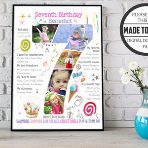 Foto collage personalizzato per il settimo compleanno della bambina di 7 anni, cartello sulla lavagna per il settimo compleanno della figlia di sette anni, poster digitale, traguardo