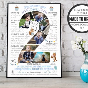Collage fotografico personalizzato per il secondo compleanno di un bambino, cartello sulla lavagna per il secondo anno di vita, poster digitale con foto per il traguardo