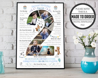 Boy's 2nd Birthday Photo Collage: Chalkboard Milestone Poster (Digital Download)