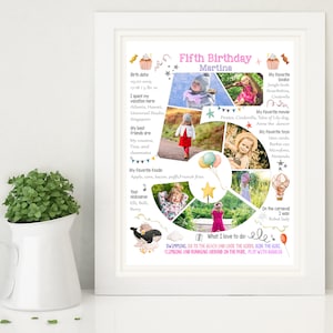 Custom girl five years old birthday number photo collage, 5th Chalkboard Sign Milestone Poster, Digital picture decor