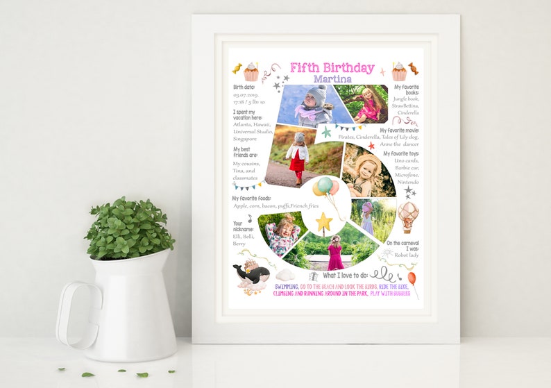 Custom girl five years old birthday number photo collage, 5th Chalkboard Sign Milestone Poster, Digital picture decor